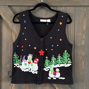 Kim Rogers Women’s Christmas Holiday Winter‎ Snowman Sequins Vest Black Sz Large